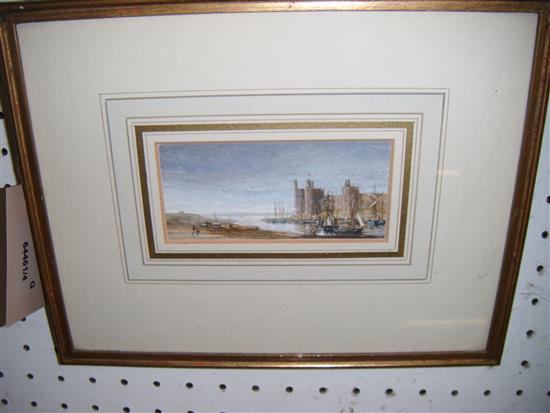Follower of John Varley (1778-1899), watercolour, Estuary scene with castle and shipping